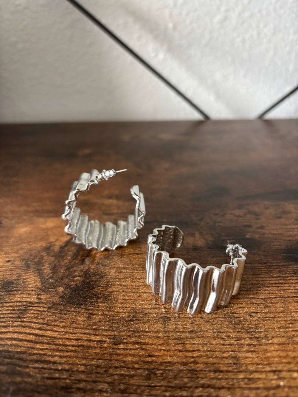 Silver Tone Textured Wave Hoop Earrings - Women Jewelry